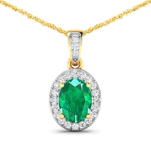 Emerald-1.18 Carat Genuine Zambian Emerald and White Diamond 14K Yellow Gold Pendant