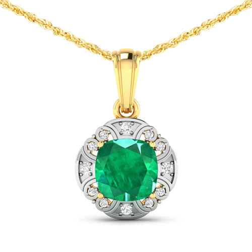 Emerald-2.16 Carat Genuine Zambian Emerald and White Diamond 14K Yellow Gold Pendant