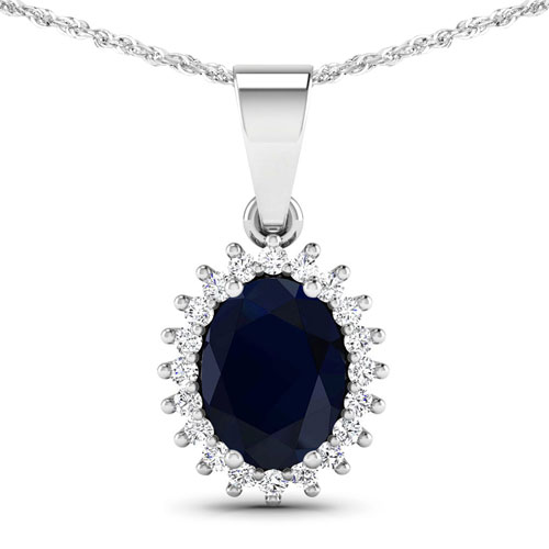 Sapphire-1.43 Carat Genuine Blue Sapphire and White Diamond 14K White Gold Pendant