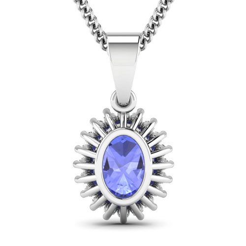 0.13 ctw. Genuine White Diamond Semi-Mounting Halo Pendant in 14K White Gold - holds 8x6mm Oval Gemstone with Tanzanite Oval 8x6mm