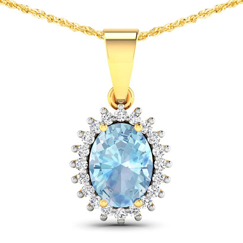 Aquamarine-1.09 Carat Genuine Aquamarine and White Diamond 14K Yellow Gold Pendant