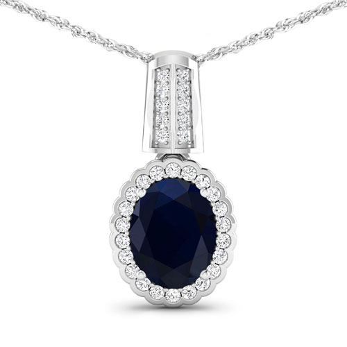 Sapphire-2.32 Carat Genuine Blue Sapphire and White Diamond 14K White Gold Pendant