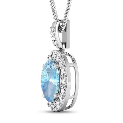 0.54 ctw. Genuine White Diamond Semi-Mounting Halo Pendant in 14K White Gold - holds 10x8mm Oval Gemstone with Aquamarine Oval 10x8mm