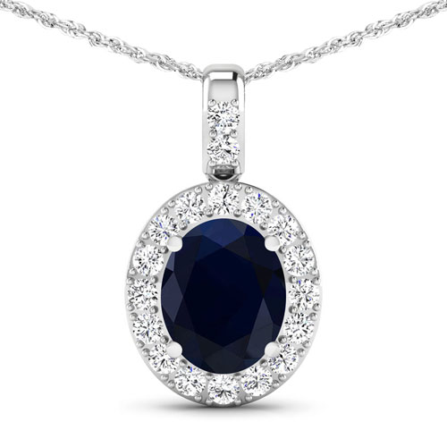 Sapphire-3.64 Carat Genuine Blue Sapphire and White Diamond 14K White Gold Pendant