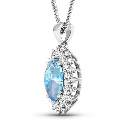 0.79 ctw. Genuine White Diamond Semi-Mounting Halo Pendant in 14K White Gold - holds 11x9mm Oval Gemstone with Aquamarine Oval 11x9mm