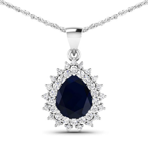 Sapphire-3.92 Carat Genuine Blue Sapphire and White Diamond 14K White Gold Pendant