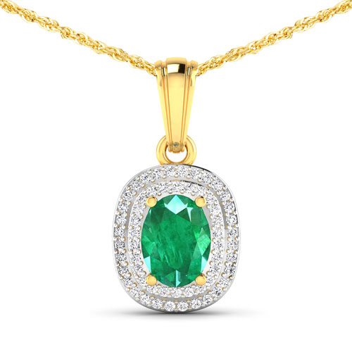 1.50 Carat Genuine Zambian Emerald and White Diamond 14K Yellow Gold Pendant