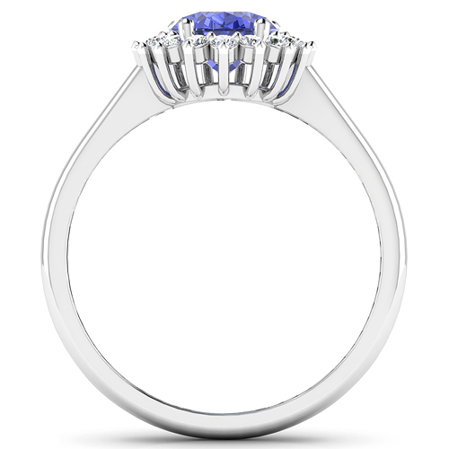 0.22 ctw. Genuine White Diamond Semi-Mounting Halo Ring in 14K White Gold - holds 9x7mm Oval Gemstone with Tanzanite Oval 9x7mm
