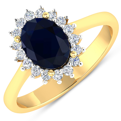 Sapphire-2.32 Carat Genuine Blue Sapphire and White Diamond 14K Yellow Gold Ring