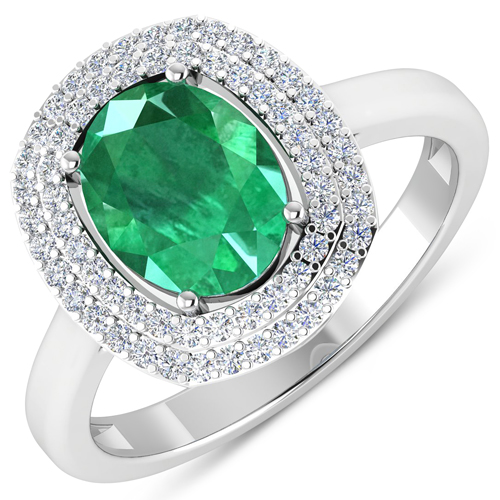 Emerald-1.97 Carat Genuine Zambian Emerald  and White Diamond 14K White Gold Ring
