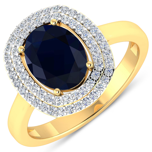 Sapphire-2.38 Carat Genuine Blue Sapphire and White Diamond 14K Yellow Gold Ring