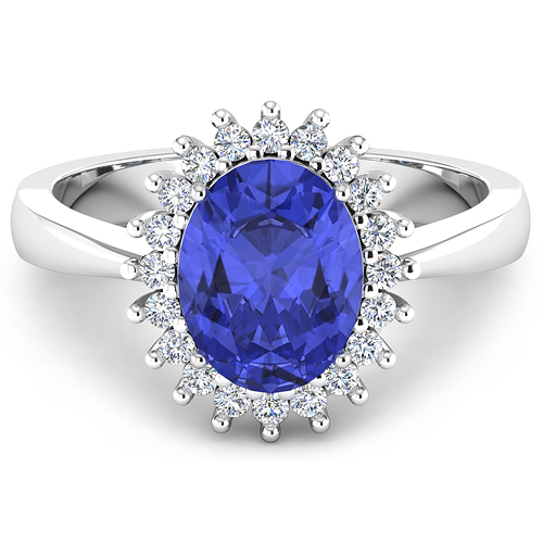 0.19 ctw. Genuine White Diamond Semi-Mounting Halo Ring in 14K White Gold - holds 8x6mm Oval Gemstone with Tanzanite Oval 8x6mm