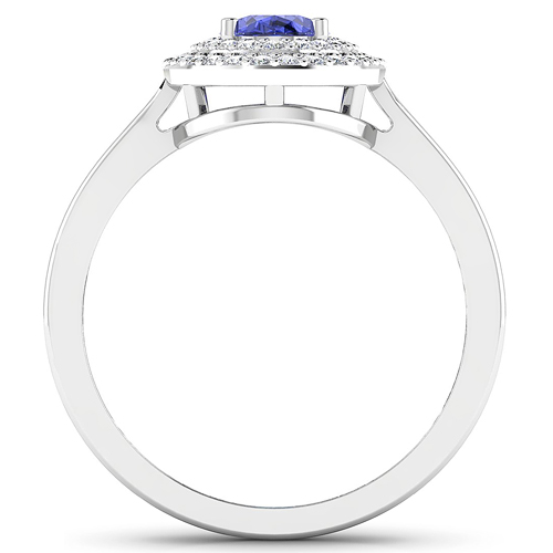 0.16 ctw. Genuine White Diamond Semi-Mounting Halo Ring in 14K White Gold - holds 7x5mm Oval Gemstone with Tanzanite Oval 7x5mm