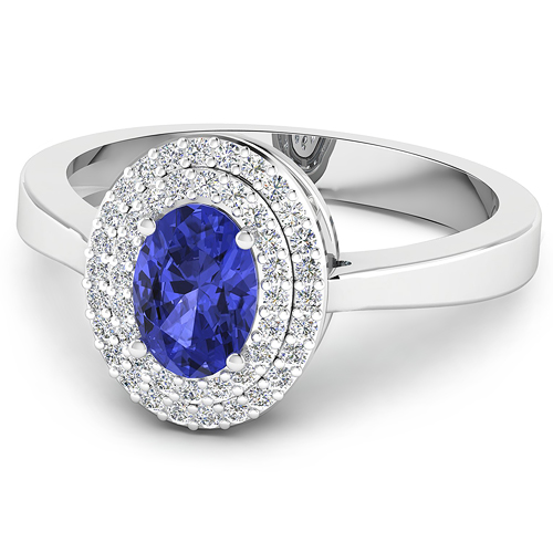 0.16 ctw. Genuine White Diamond Semi-Mounting Halo Ring in 14K White Gold - holds 7x5mm Oval Gemstone with Tanzanite Oval 7x5mm