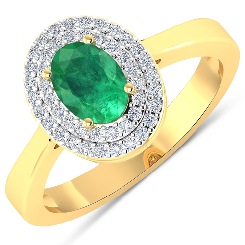 Emerald-0.88 Carat Genuine Zambian Emerald  and White Diamond 14K Yellow Gold Ring