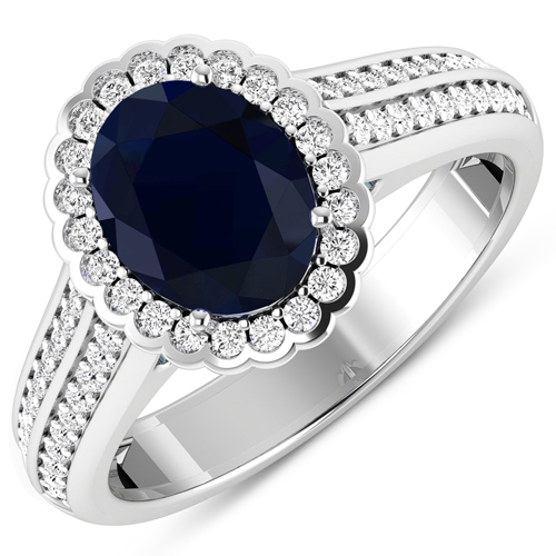 Sapphire-2.52 Carat Genuine Blue Sapphire and White Diamond 14K White Gold Ring