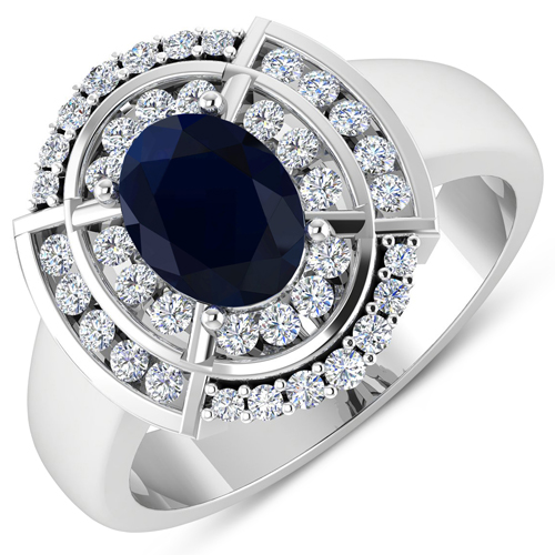 Sapphire-1.77 Carat Genuine Blue Sapphire and White Diamond 14K White Gold Ring