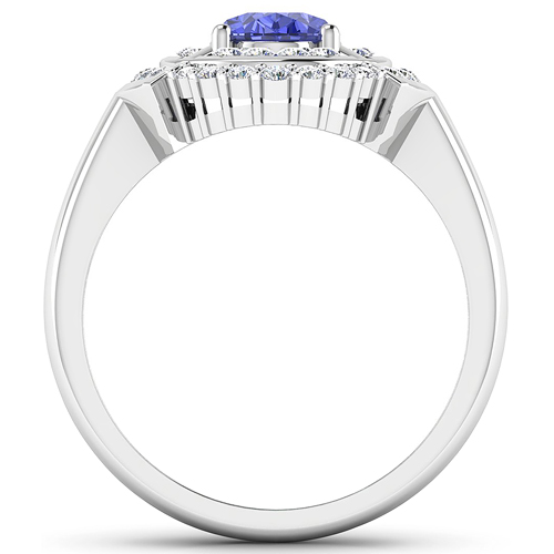 0.47 ctw. Genuine White Diamond Semi-Mounting Halo Ring in 14K White Gold - holds 8x6mm Oval Gemstone with Tanzanite Oval 8x6mm