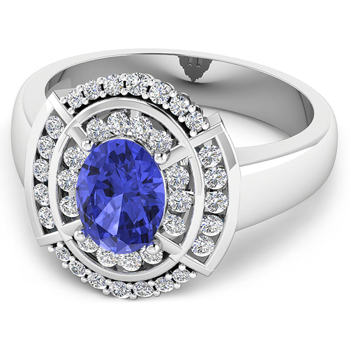 0.47 ctw. Genuine White Diamond Semi-Mounting Halo Ring in 14K White Gold - holds 8x6mm Oval Gemstone with Tanzanite Oval 8x6mm