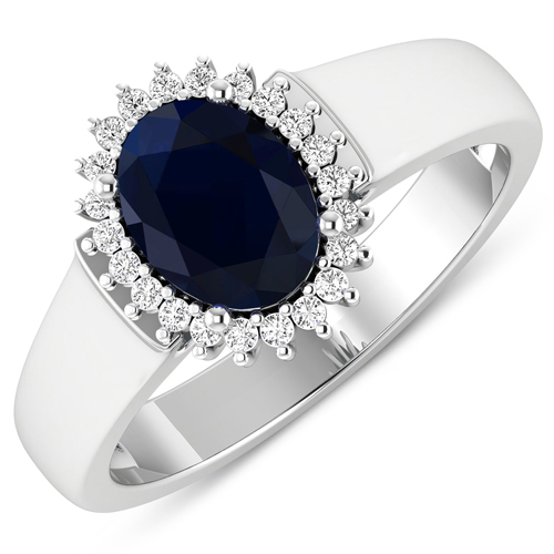 Sapphire-1.40 Carat Genuine Blue Sapphire and White Diamond 14K White Gold Ring