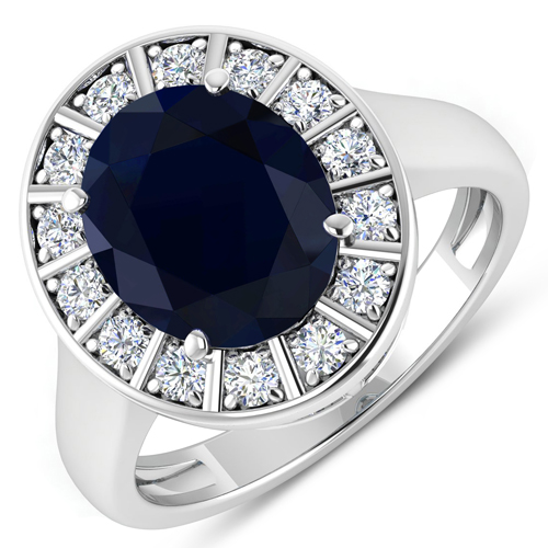 Sapphire-5.22 Carat Genuine Blue Sapphire and White Diamond 14K White Gold Ring
