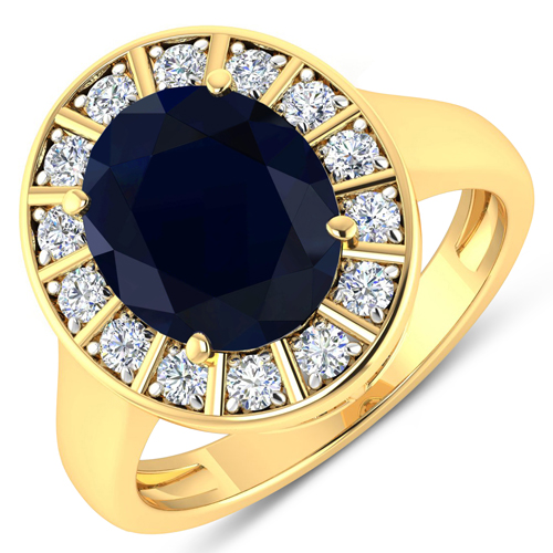 Sapphire-5.22 Carat Genuine Blue Sapphire and White Diamond 14K Yellow Gold Ring