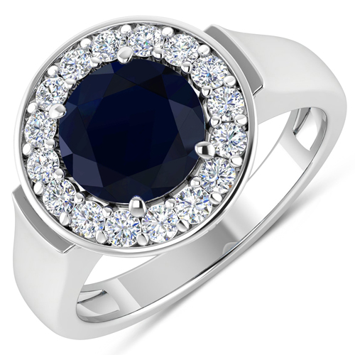 Sapphire-2.73 Carat Genuine Blue Sapphire and White Diamond 14K White Gold Ring