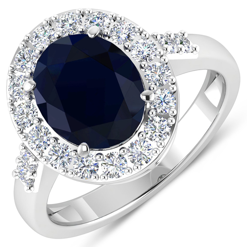 Sapphire-3.70 Carat Genuine Blue Sapphire and White Diamond 14K White Gold Ring