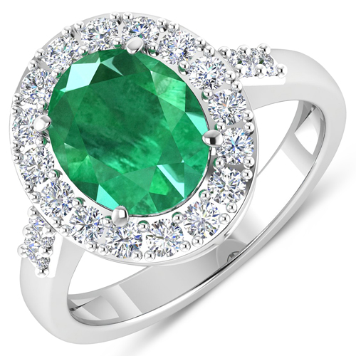 Emerald-3.04 Carat Genuine Zambian Emerald and White Diamond 14K White Gold Ring