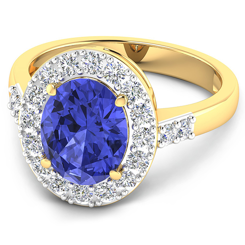 0.60 ctw. Genuine White Diamond Semi-Mounting Halo Ring in 14K Yellow Gold - holds 10x8mm Oval Gemstone with Tanzanite Oval 10x8mm