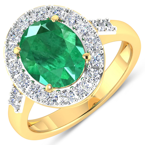 Emerald-3.04 Carat Genuine Zambian Emerald and White Diamond 14K Yellow Gold Ring