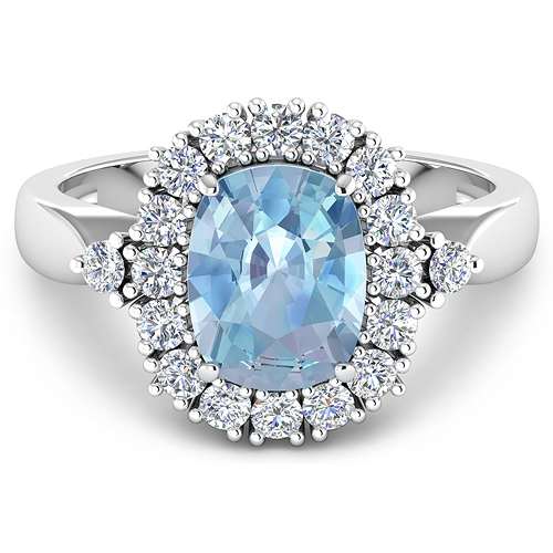 0.54 ctw. Genuine White Diamond Semi-Mounting Halo Ring in 14K White Gold - holds 9x7mm Cushion Gemstone with Aquamarine Cushion 9x7mm