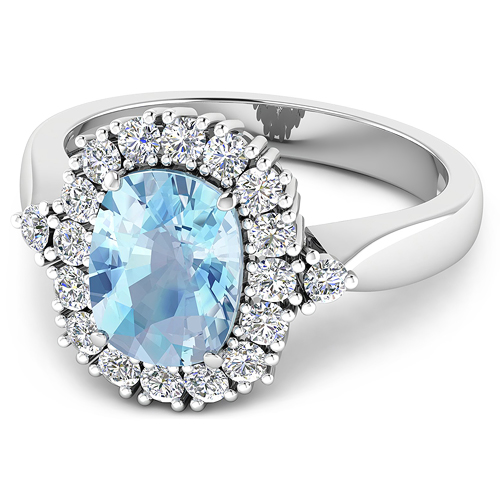 0.54 ctw. Genuine White Diamond Semi-Mounting Halo Ring in 14K White Gold - holds 9x7mm Cushion Gemstone with Aquamarine Cushion 9x7mm