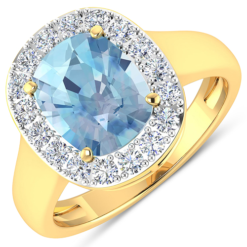 Rings-3.51 Carat Genuine Aquamarine and White Diamond 14K Yellow Gold Ring