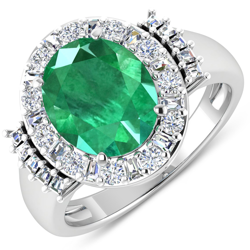Emerald-3.98 Carat Genuine Zambian Emerald and White Diamond 14K White Gold Ring