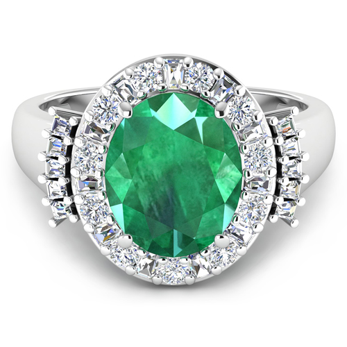3.98 Carat Genuine Zambian Emerald and White Diamond 14K White Gold Ring
