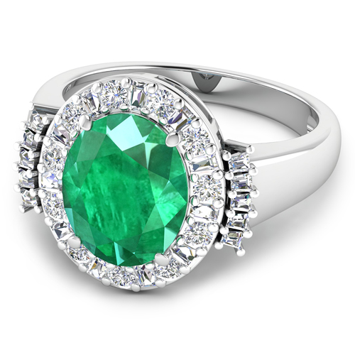 3.98 Carat Genuine Zambian Emerald and White Diamond 14K White Gold Ring