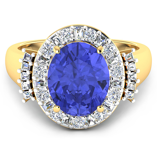 0.83 ctw. Genuine White Diamond Semi-Mounting Halo Ring in 14K Yellow Gold - holds 11x9mm Oval Gemstone with Tanzanite Oval 11x9mm