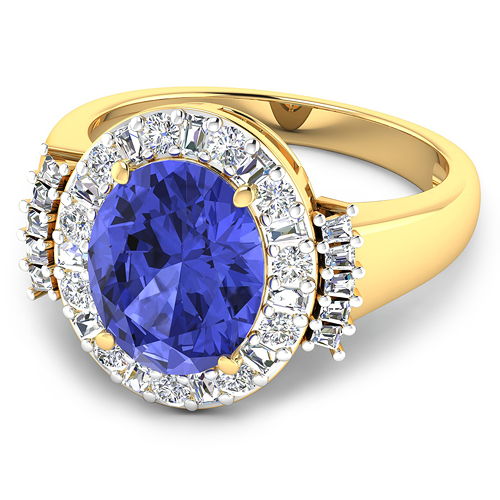 0.83 ctw. Genuine White Diamond Semi-Mounting Halo Ring in 14K Yellow Gold - holds 11x9mm Oval Gemstone with Tanzanite Oval 11x9mm