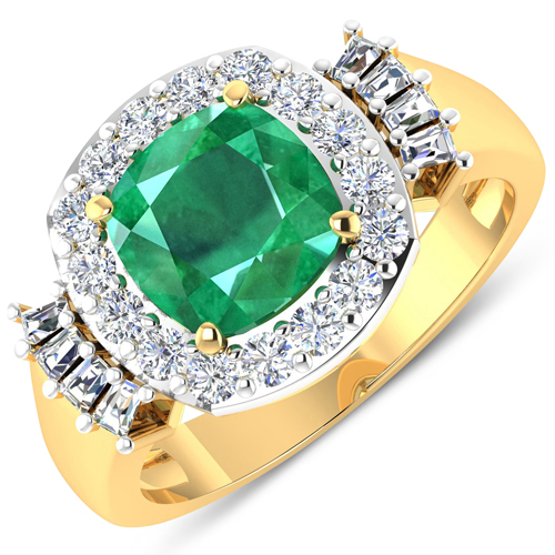Emerald-2.73 Carat Genuine Zambian Emerald and White Diamond 14K Yellow Gold Ring
