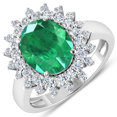 Emerald-3.99 Carat Genuine Zambian Emerald and White Diamond 14K White Gold Ring