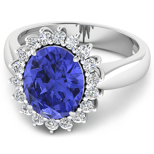 0.54 ctw. Genuine White Diamond Semi-Mounting Halo Ring in 14K White Gold - holds 11x9mm Oval Gemstone with Tanzanite Oval 11x9mm