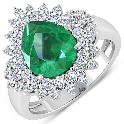 Emerald-3.74 Carat Genuine Zambian Emerald and White Diamond 14K White Gold Ring