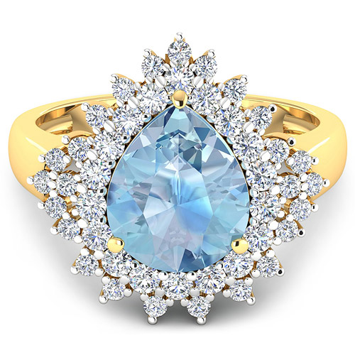 3.19 Carat Genuine Aquamarine and White Diamond 14K Yellow Gold Ring