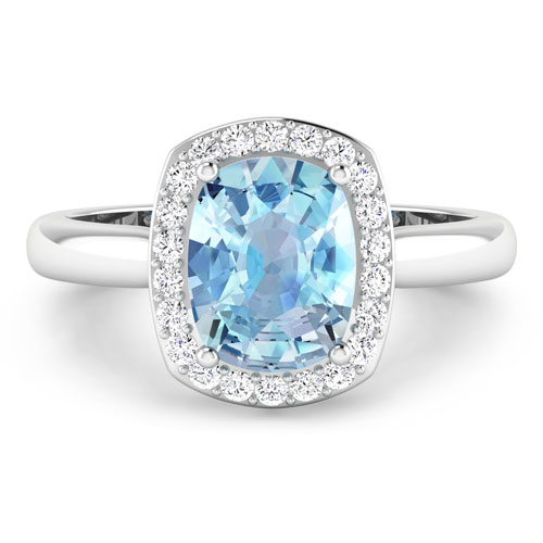 0.22 ctw. Genuine White Diamond Semi-Mounting Halo Ring in 14K White Gold - holds 9x7mm Cushion Gemstone with Aquamarine Cushion 9x7mm