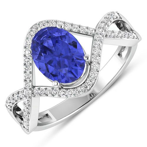 0.24 ctw. Genuine White Diamond Semi-Mounting Crossover Ring in 14K White Gold - holds 8x6mm Oval Gemstone with Tanzanite Oval 8x6mm