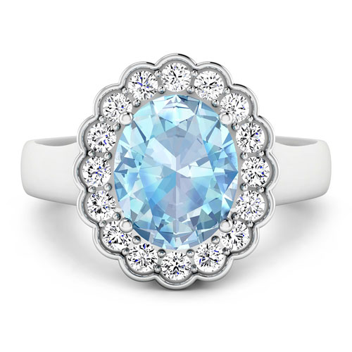 0.48 ctw. Genuine White Diamond Semi-Mounting Halo Ring in 14K White Gold - holds 10x8mm Oval Gemstone with Aquamarine Oval 10x8mm