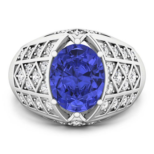 0.42 ctw. Genuine White Diamond Semi-Mounting Dome Ring in 14K White Gold - holds 10x8mm Oval Gemstone with Tanzanite Oval 10x8mm