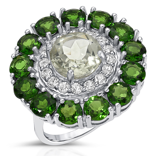 Amethyst-6.50 Carat Genuine Green Amethyst, Chrome Diopside and White Topaz .925 Sterling Silver Ring