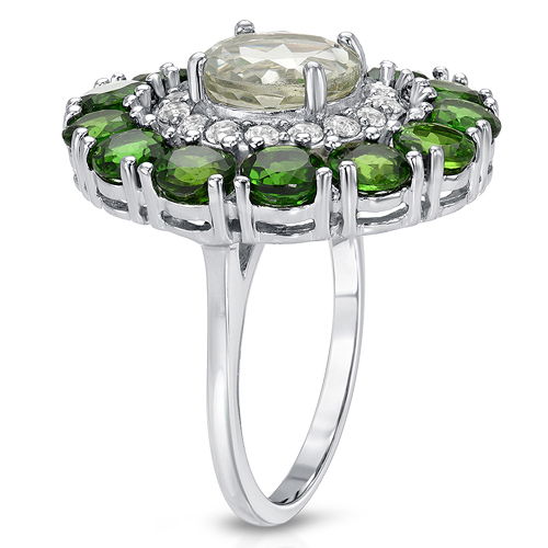 6.50 Carat Genuine Green Amethyst, Chrome Diopside and White Topaz .925 Sterling Silver Ring